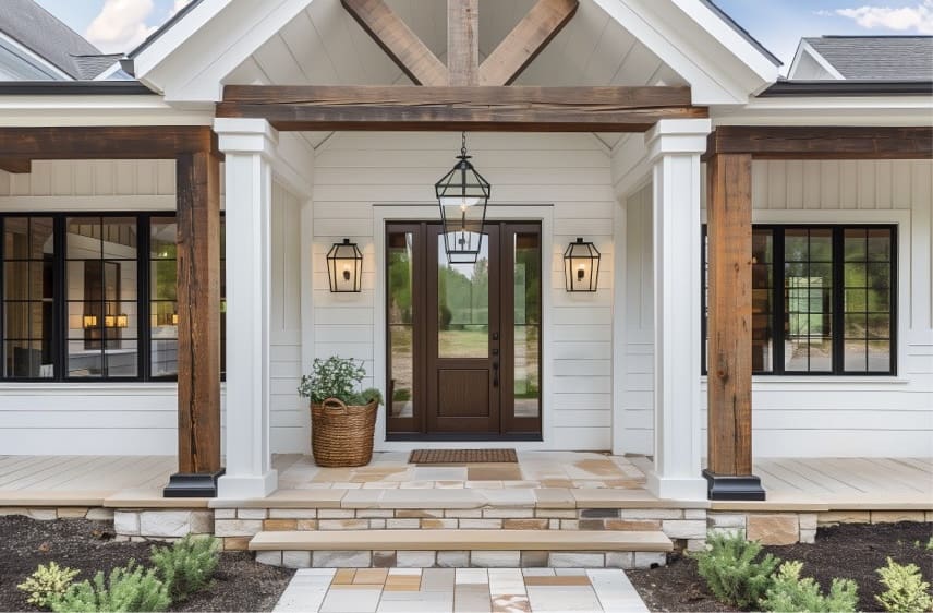 Front porch and entry of a white farmhouse-style home with wood beams